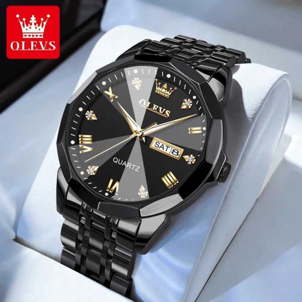 Olevs 9931 Luxury Diamond Dial Stainless Steel Men's Watch - Black