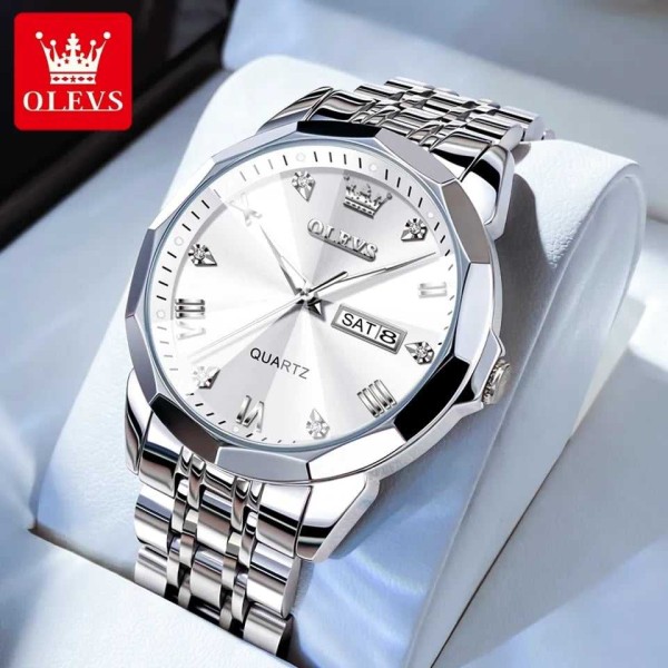 Olevs 9931 Luxury Diamond Dial Stainless Steel Men's Watch - White