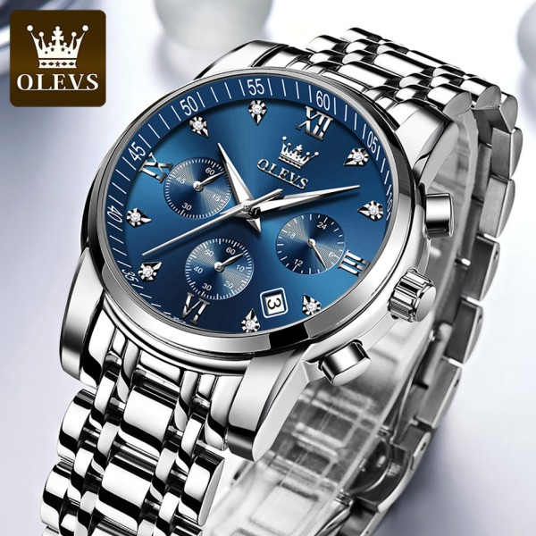 OLEVS 2858 Chronograph Stainless Steel Men's Watch - Silver & Blue