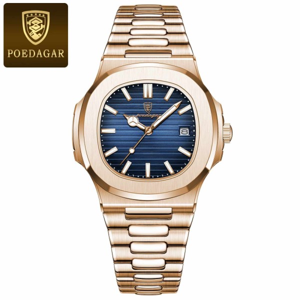 POEDAGAR 613 Luxury Stainless Steel Square Quartz Men's Watch- Rose Gold & Blue