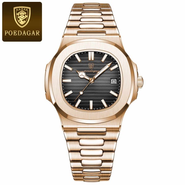 POEDAGAR 613 Luxury Stainless Steel Square Quartz Men's Watch- Rose Gold & Black