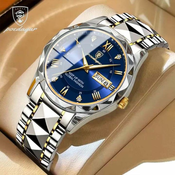 POEDAGAR 615 Luxury Fashion Luminous Date & Day Quartz Men's Watch -  Blue