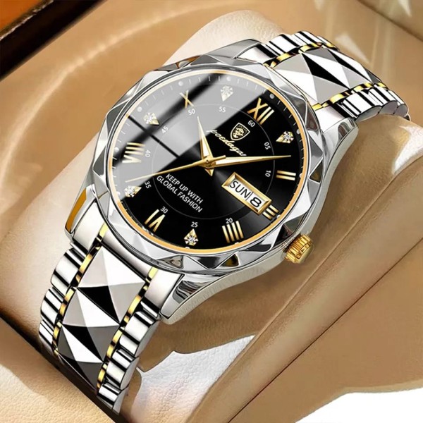 POEDAGAR 615 Luxury Fashion Luminous Date & Day Quartz Men's Watch - Silver Golden & Black