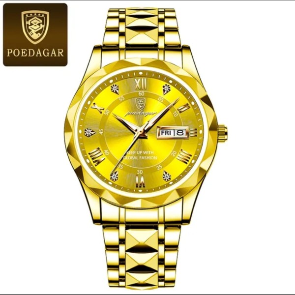 POEDAGAR 615 Luxury Fashion Luminous Date & Day Quartz Men's Watch - Gold