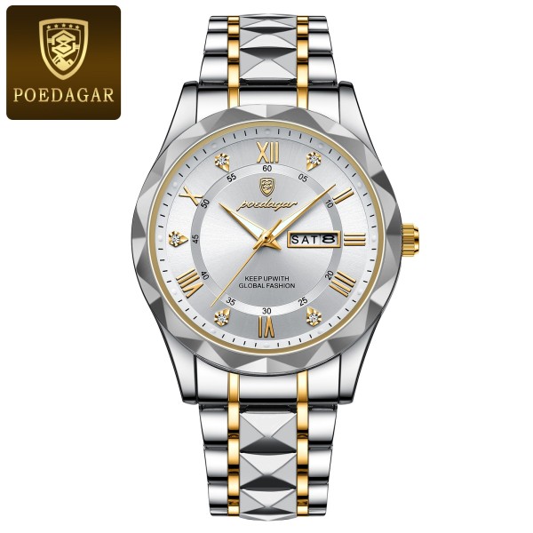POEDAGAR 615 Luxury Fashion Luminous Date & Day Quartz Men's Watch - White