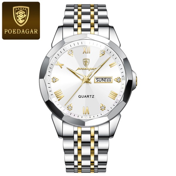 Poedagar 810 Diamond Cart Stainless Steel Luminous Quartz Men Watch - White