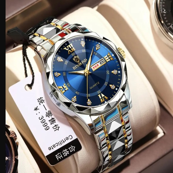 BINBOND 334 luxury fashion stainless steel unique design diamond cutting glass wrist-watche for men-  Blue & Silver & Gold