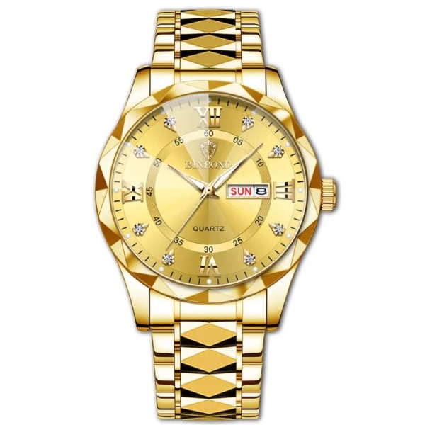 BINBOND 334 Luxury Fashion Stainless Steel Unique Design Diamond Cutting Glass Wrist-Watche For Men-  Gold