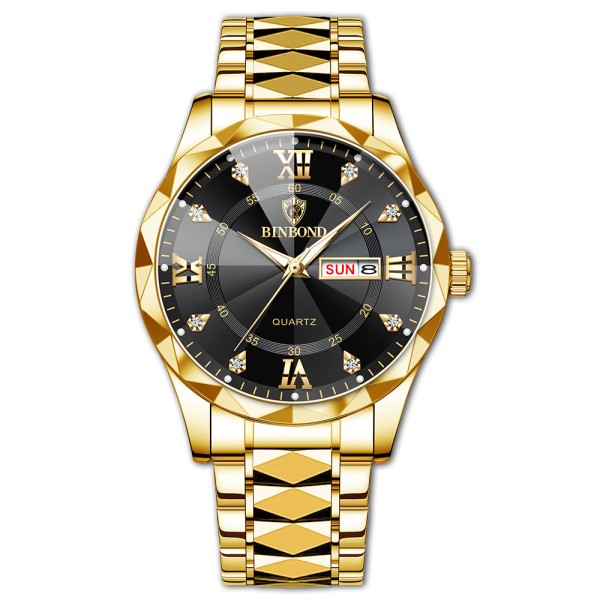 BINBOND 334 Luxury Fashion Stainless Steel Unique Design Diamond Cutting Glass Wrist-Watche For Men- Gold & Black