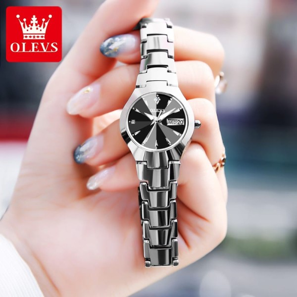 OLEVS 8697 Ceramic Tungsten Steel Strap Elegant Fashion Diamond Cart Wrist Watch For Women- Silver
