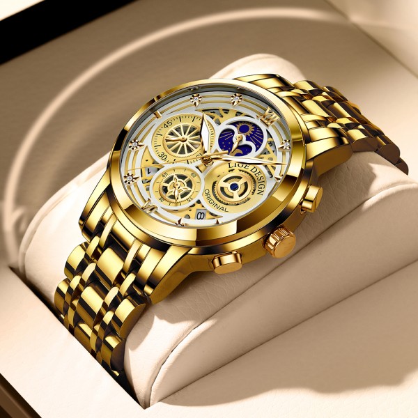 LIGE 8942 Stainless Steel Chronograph Watch For Men -  Gold