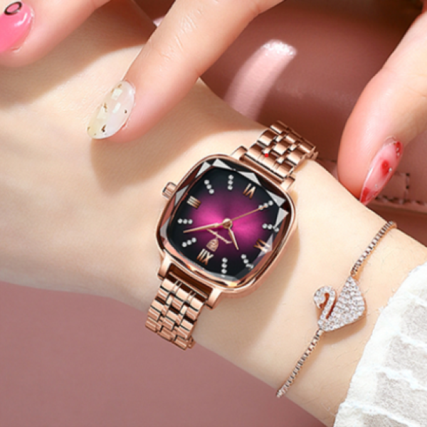 POEDAGAR 712 Luxury Crystal  Fashion Quartz Watch For Women - Rose Gold & Purple