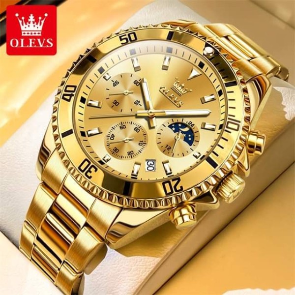 Olevs 2870 Stainless Steel Chronograph Wrist Watch For Men - Golden