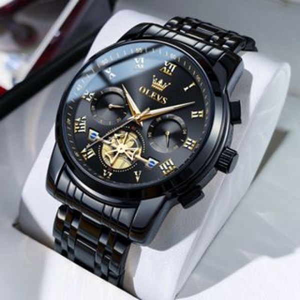 Olevs 2859 Black Stainless Steel Chronograph Wrist Watch For Men-  Black