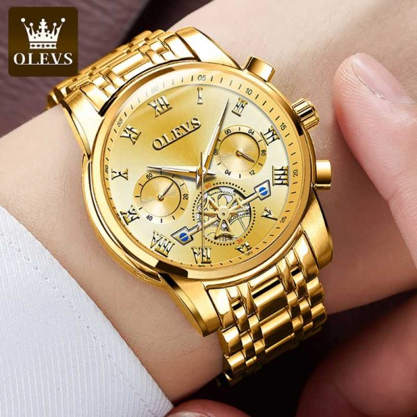Olevs 2859 Black Stainless Steel Chronograph Wrist Watch For Men- Golden