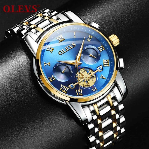 Olevs 2859 Black Stainless Steel Chronograph Wrist Watch For Men- Blue