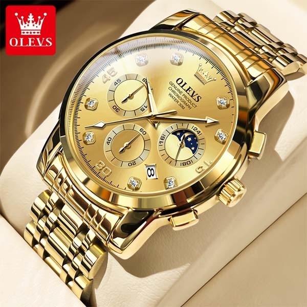 OLEVS 2889 Chronograph Stainless Steel Strap Watch For Men - Gold