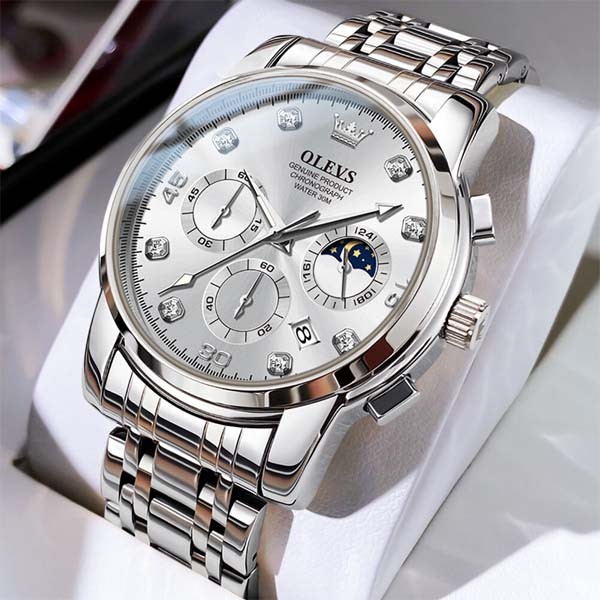 OLEVS 2889 Chronograph Stainless Steel Strap Watch For Men - Silver