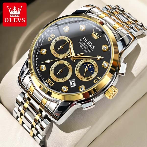 OLEVS 2889 Chronograph Stainless Steel Strap Watch For Men -  Black & Gold