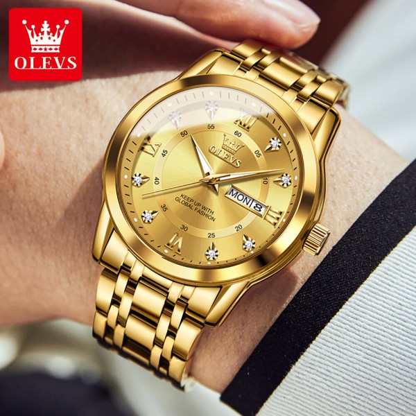 Olevs 5513 Luxury Premium Quality Stainless Steel Watch For Men - Gold
