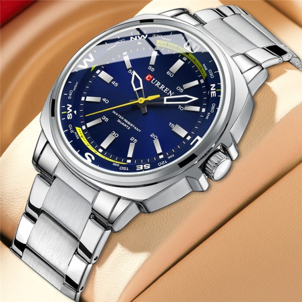 CURREN 8455  Luxury Stainless Steel Quartz Men Watch - Silver & Blue