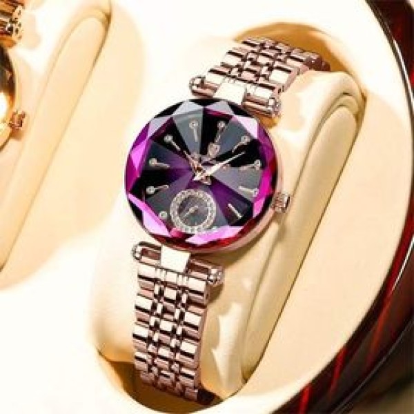 POEDAGAR 719 Luxury Fashion Diamond  Cart  Quartz Watch for Women -  Rose Gold & Purple