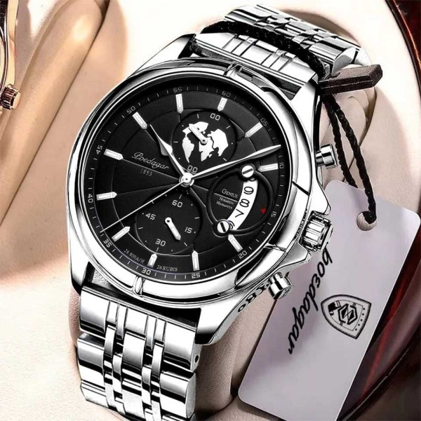 Poedagar 802 Men's Watch Stainless Steel Quartz Watch Men-Silver/Black