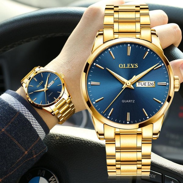 OLEVS 6898 Men's Water-Resistant Steel Strap Quartz Watch - Golden/ Blue