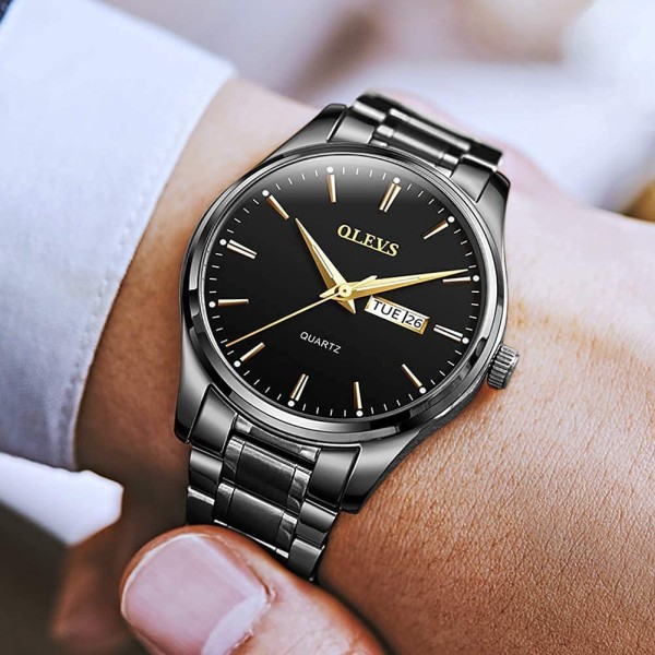 OLEVS 6898 Men's Water-Resistant Steel Strap Quartz Watch - Black