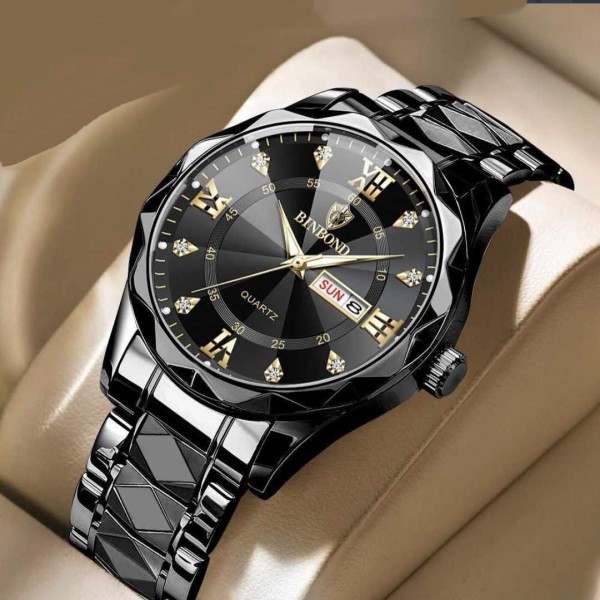 BINBOND 334 Luxury Fashion Stainless Steel Unique Design Diamond Cutting Glass Wrist-Watche For Men- Black