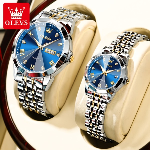 Olevs 9931 Couple Luxury Diamond Dial Stainless Steel Watch For-Blue