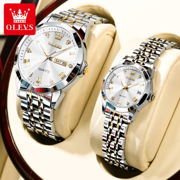 Olevs 9931 Couple Luxury Diamond Dial Stainless Steel Watch For-White