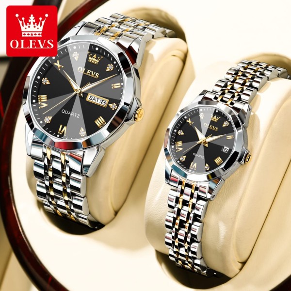 Olevs 9931 Couple Luxury Diamond Dial Stainless Steel Watch For-Silver & Black