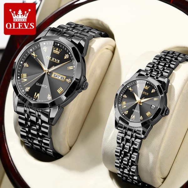 Olevs 9931 Couple Luxury Diamond Dial Stainless Steel Watch For-Black
