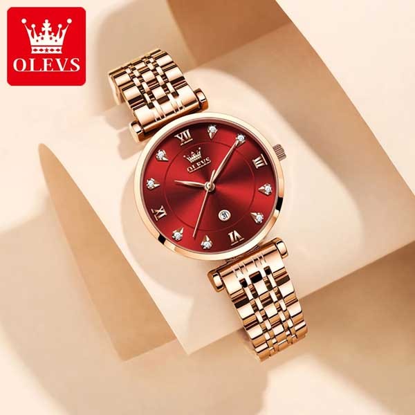 Olevs 5866 fashion stainless steel analog wristwatch women for-Red