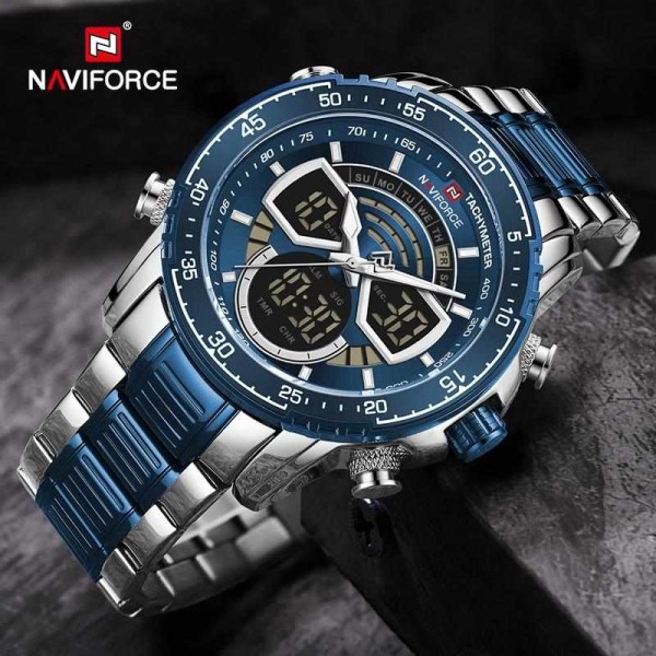 NAVIFORCE NF9189 Stainless Steel Dual Time Watch For Men - Blue and Silver