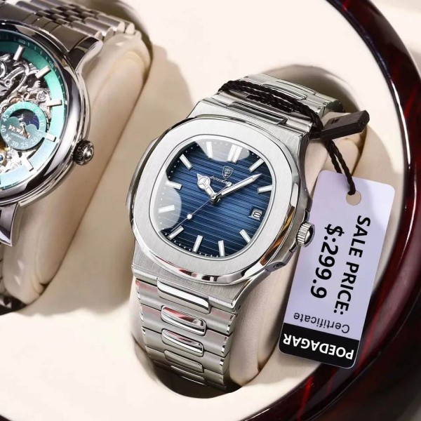 POEDAGAR 613 Luxury  Stainless Steel Square Quartz Men's Watch-  Silver & Black