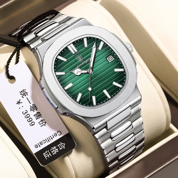 POEDAGAR 613 Luxury  Stainless Steel Square Quartz Men's Watch-  Silver & Black