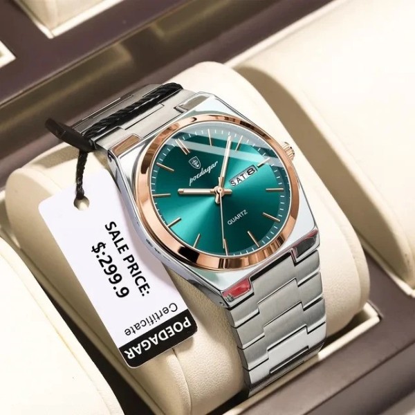 POEDAGAR 930 Luxury Stainless Steel Quartz Men's Watch-  Green & Rose Gold