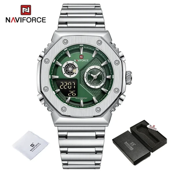 Naviforce 9216 Stainless Steel Mens Sports Watch – Silver Green
