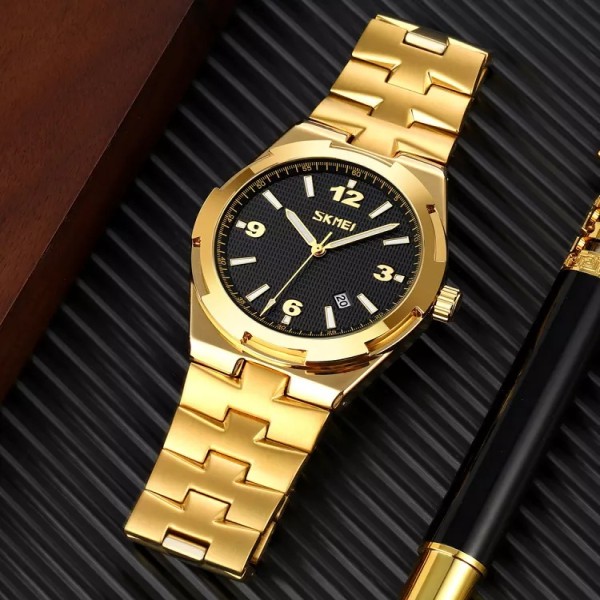SKMEI 9290 Stainless Steel Mens Casual Watch - Golden & Black