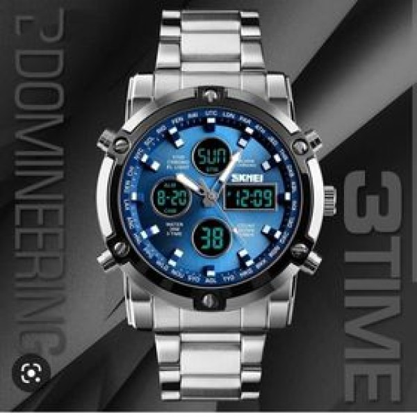 Skmei 1389 Stainless Steel Digital Men's Watch  - Silver & Blue