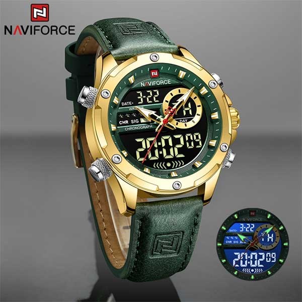 NAVIFORCE NF9208 PU Leather Dual Time Wrist Watch - Green & Gold