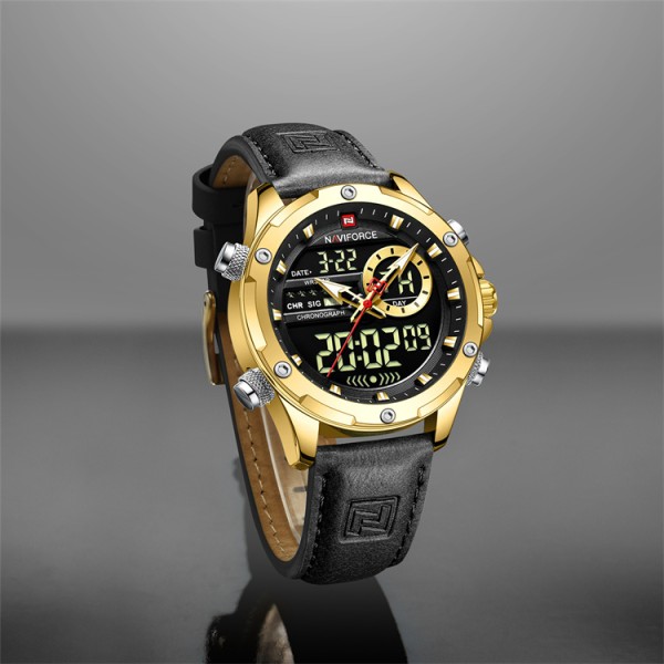 NAVIFORCE NF9208 PU Leather Dual Time Wrist Watch - Black & Silver